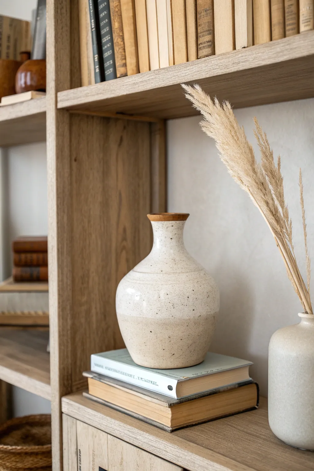 Give your bookcase room to breathe with one handmade vase, stacked books, and calm open space.