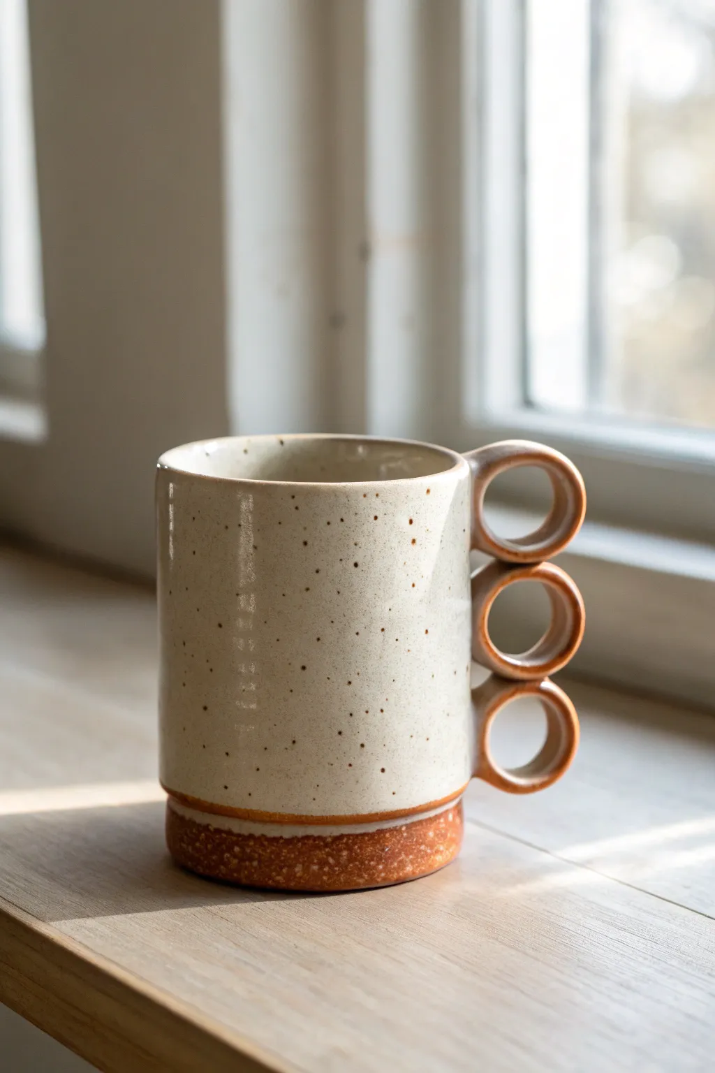 Double-loop figure-eight handle mug, minimalist and playful with handcrafted boho charm.