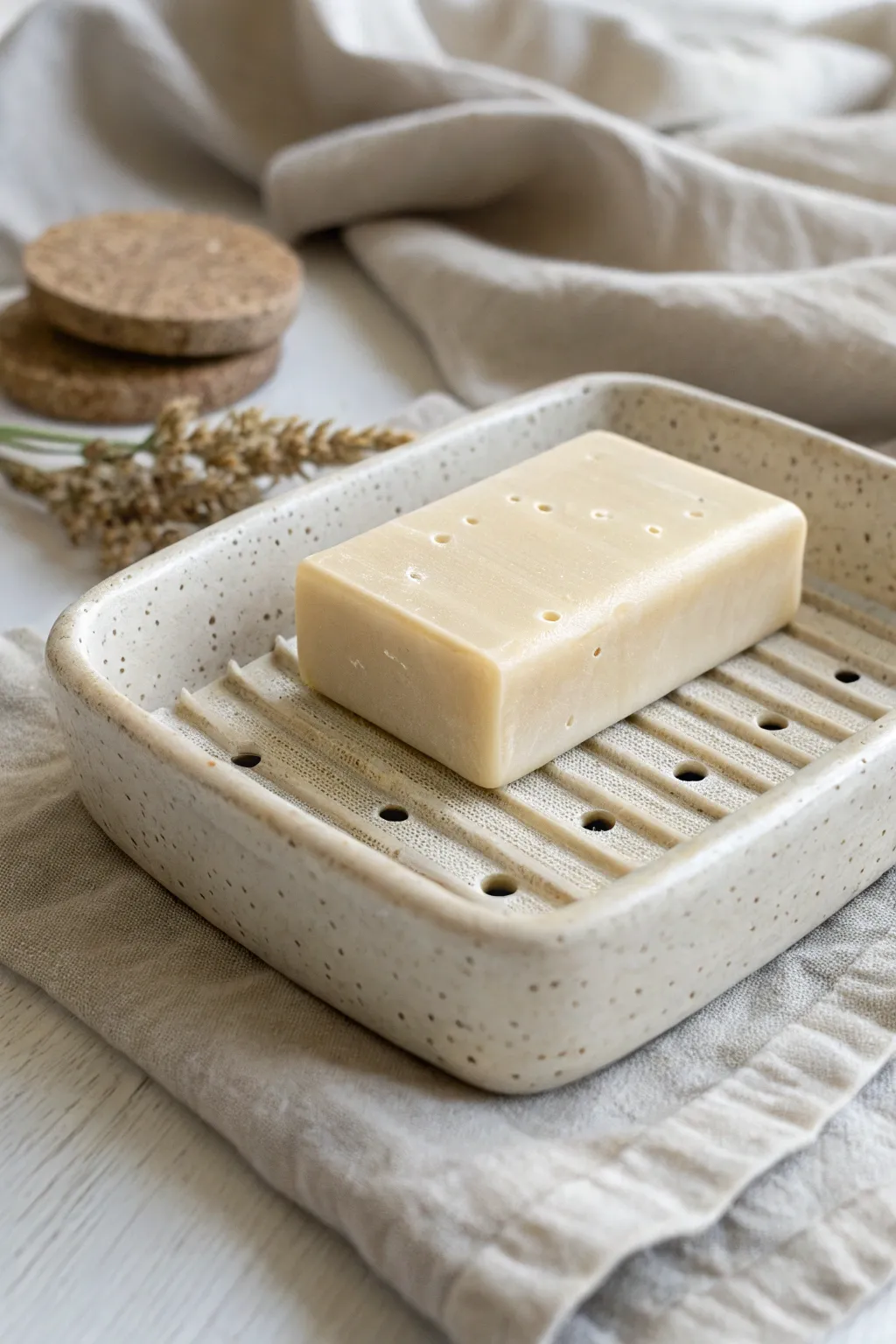 Simple handmade soap dish with drainage holes, a perfect beginner pottery project