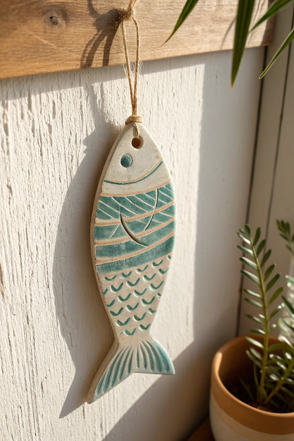 Easy slab fish wall art with stamped scales and soft painted stripes, minimalist kid friendly pottery