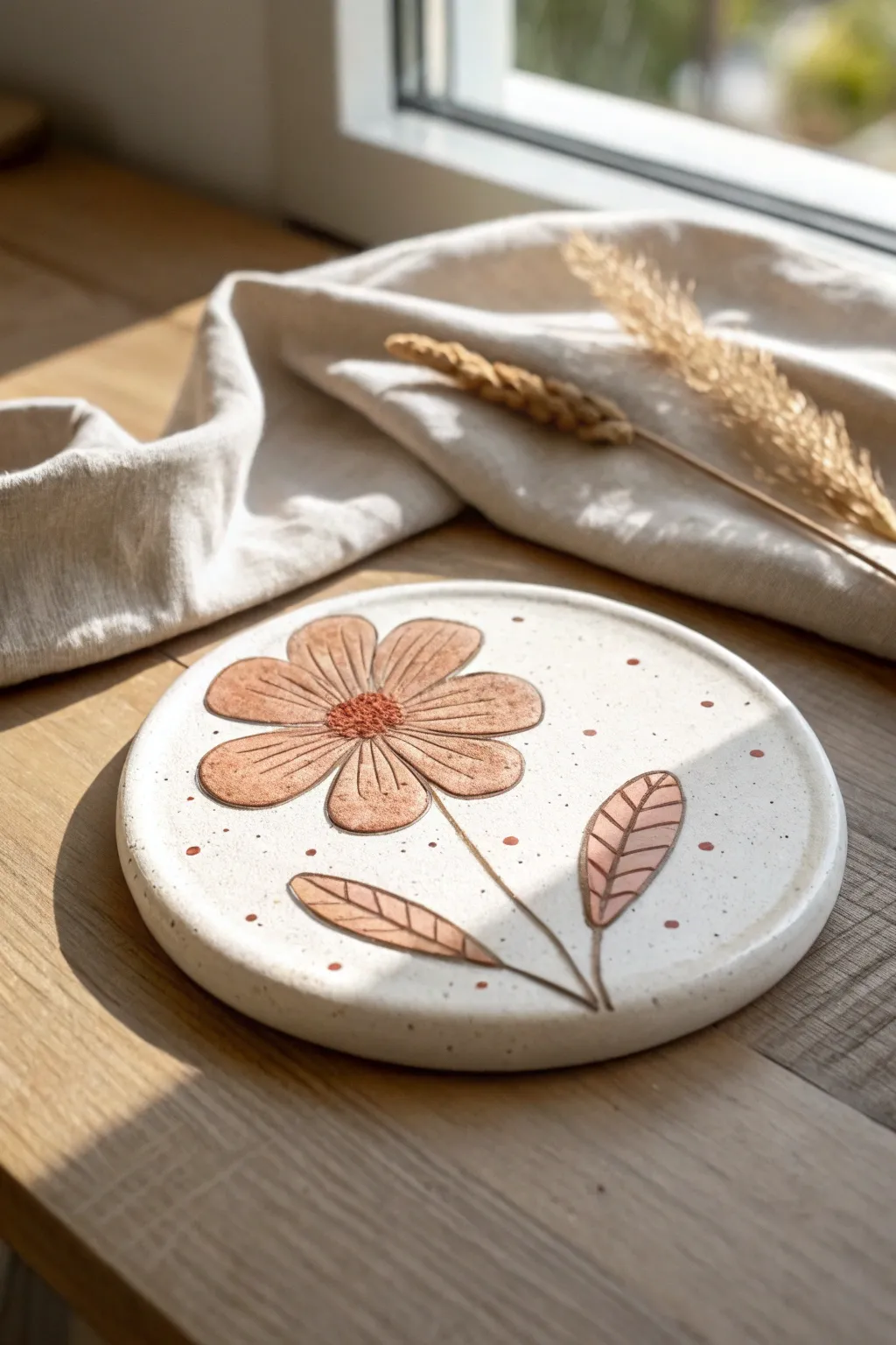 Easy one-stroke flower coaster in soft blush tones, minimalist and handmade for beginners.