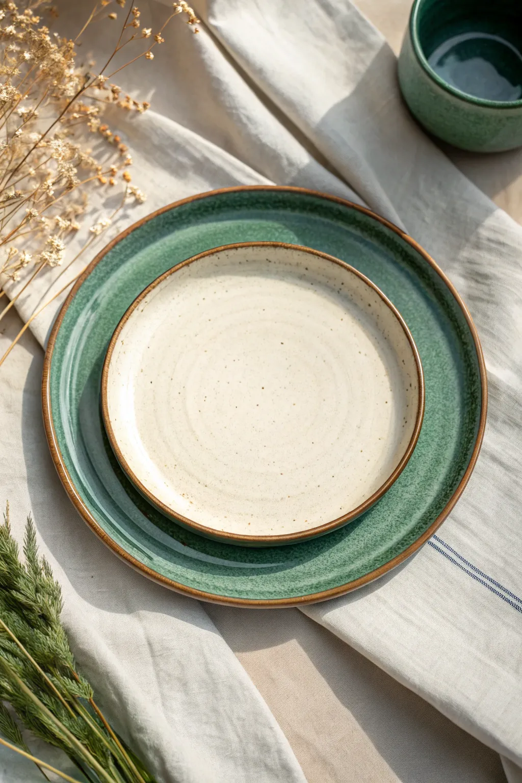 Two-tone glazed platter with a crisp rim frame, minimalist Scandinavian look and bold contrast.