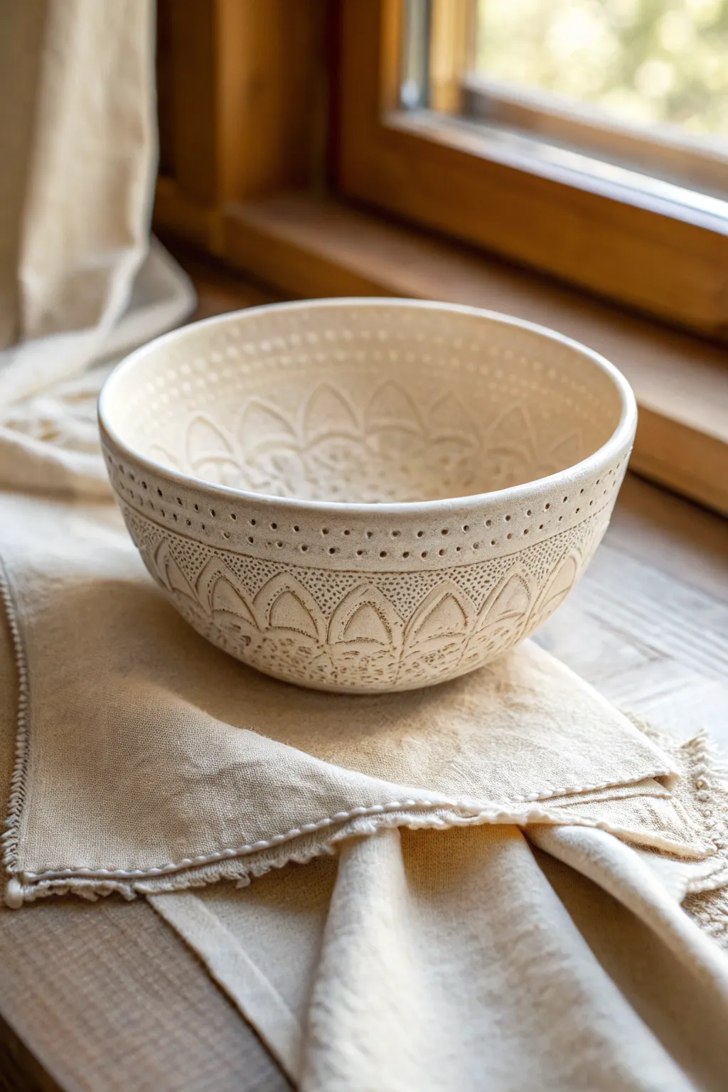 Lace-textured clay bowl in a soft ivory glaze, simple and serene for modern boho homes.