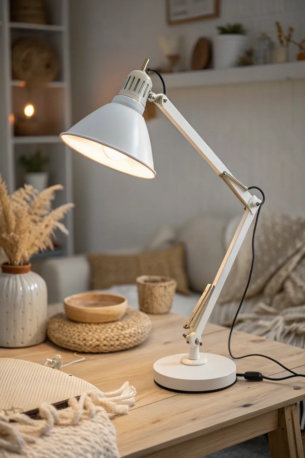 An adjustable task lamp keeps your pottery table bright for crisp carving and glazing at night.