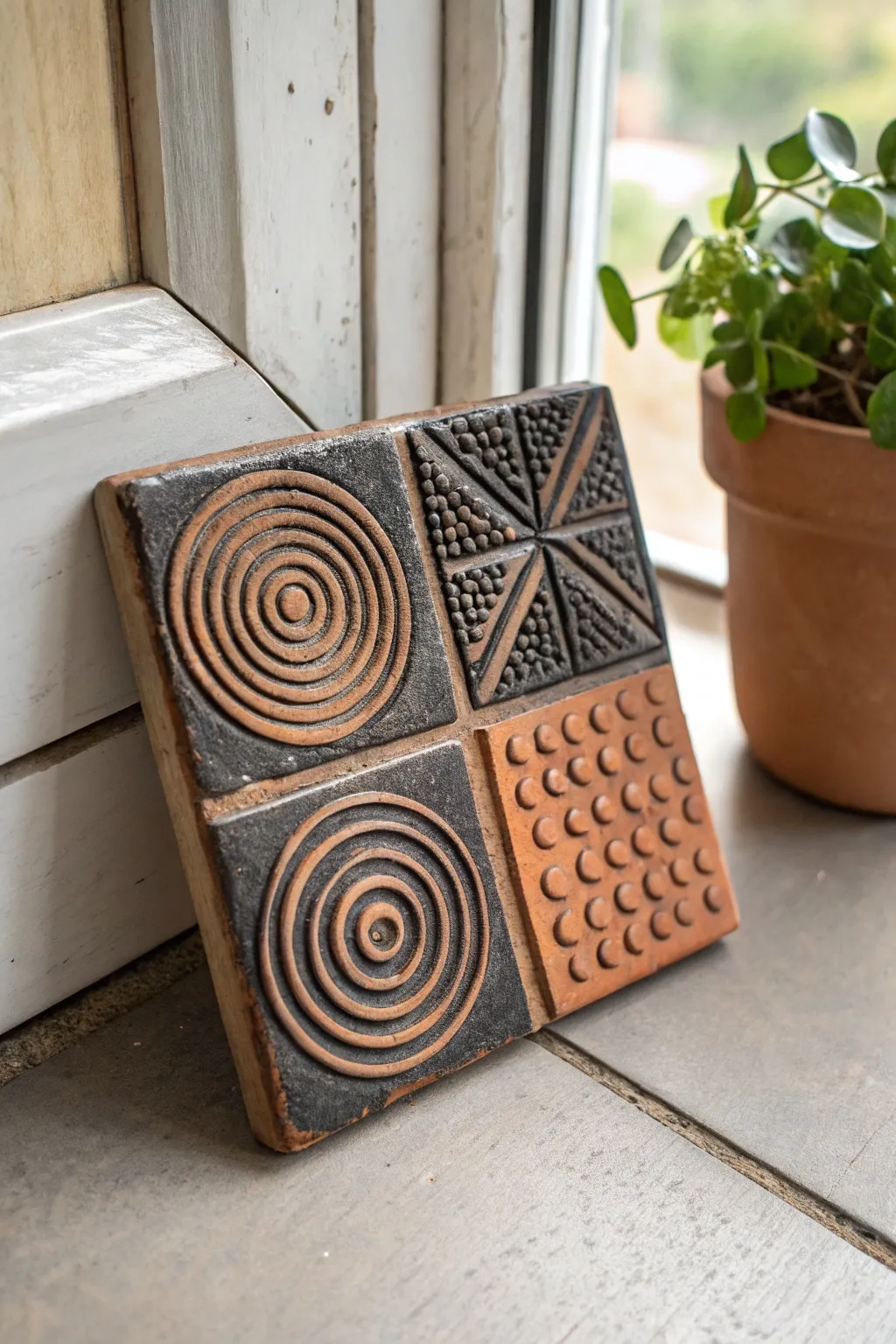 Bold stamped textures in one tile: dots, grid, spiral with moody glaze on warm clay.