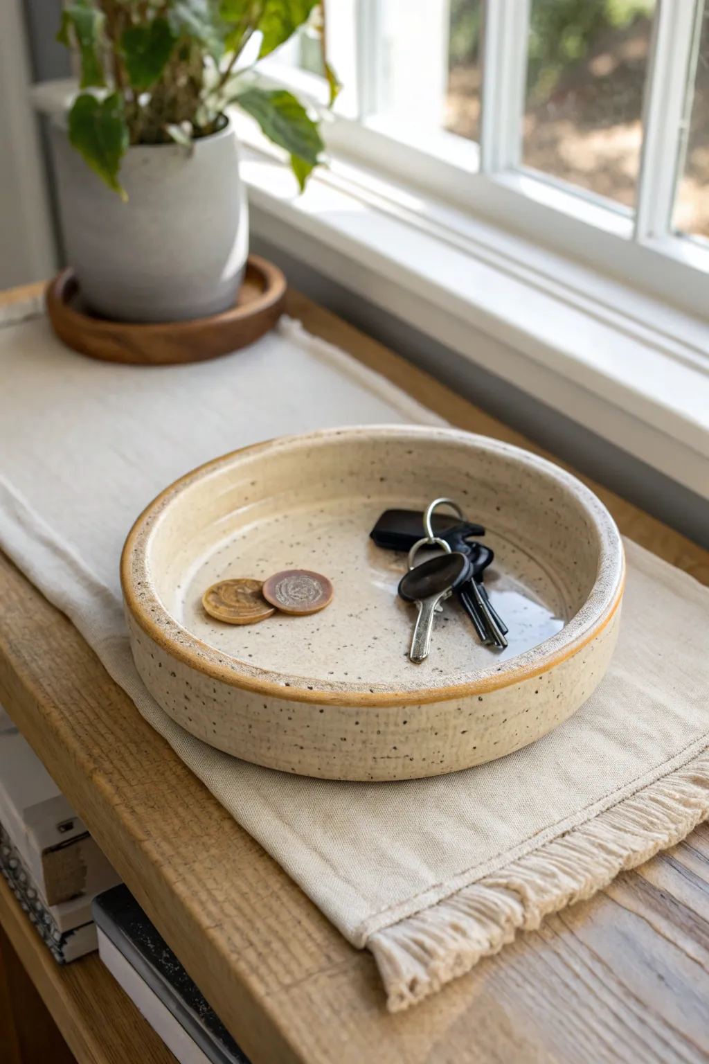 Textured rim catchall tray for keys and sunnies, minimalist entryway style with boho warmth