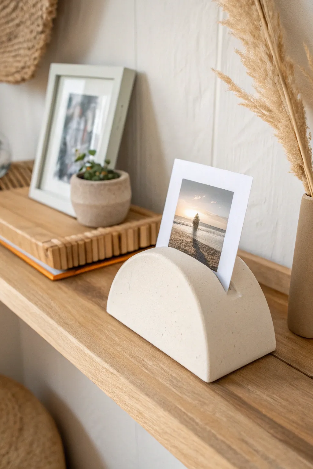 Minimal air-dry clay photo stand block to display mini prints and cards with calm Nordic style.