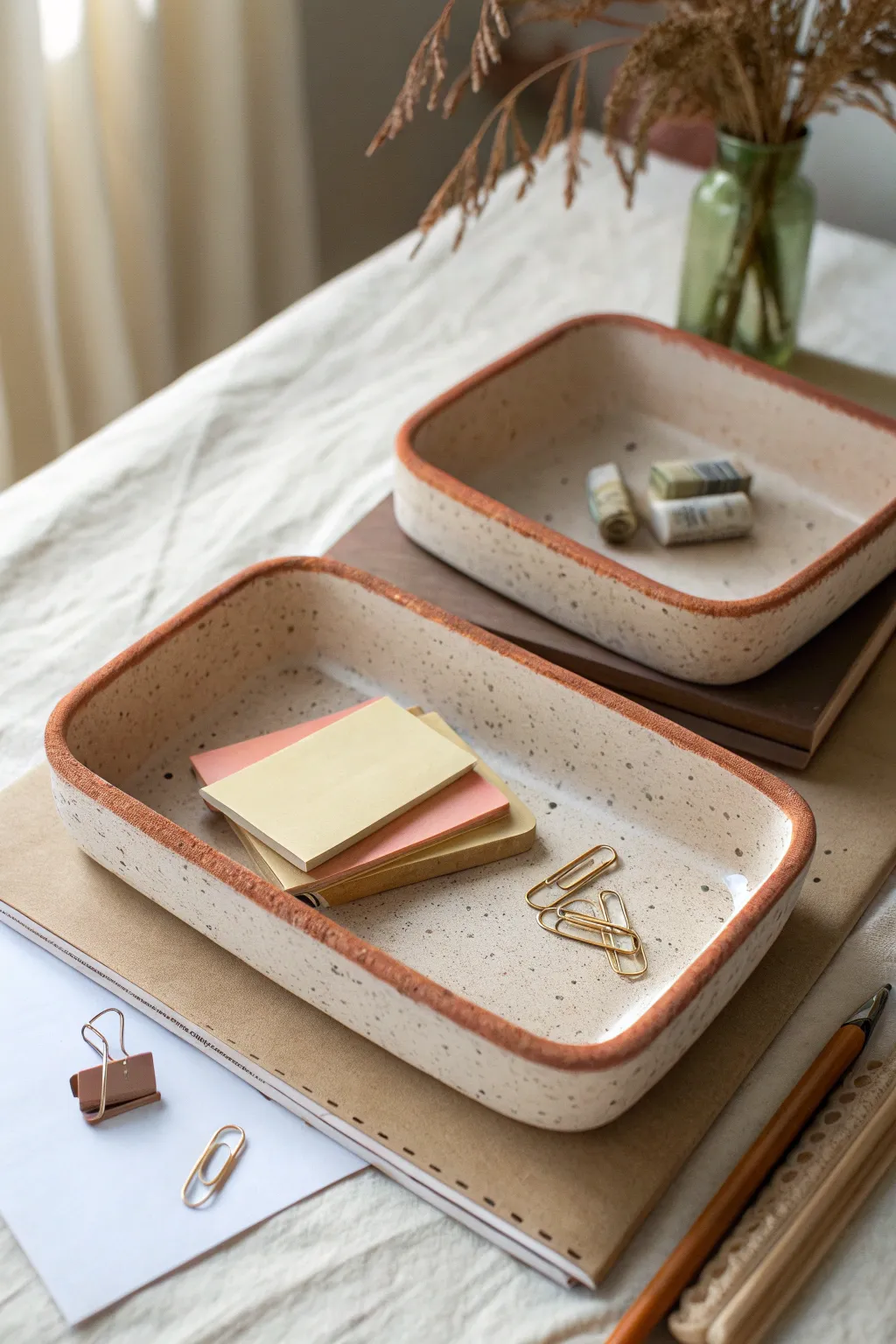 Stackable clay desk trays in soft neutrals with a warm accent for calm, tidy organization