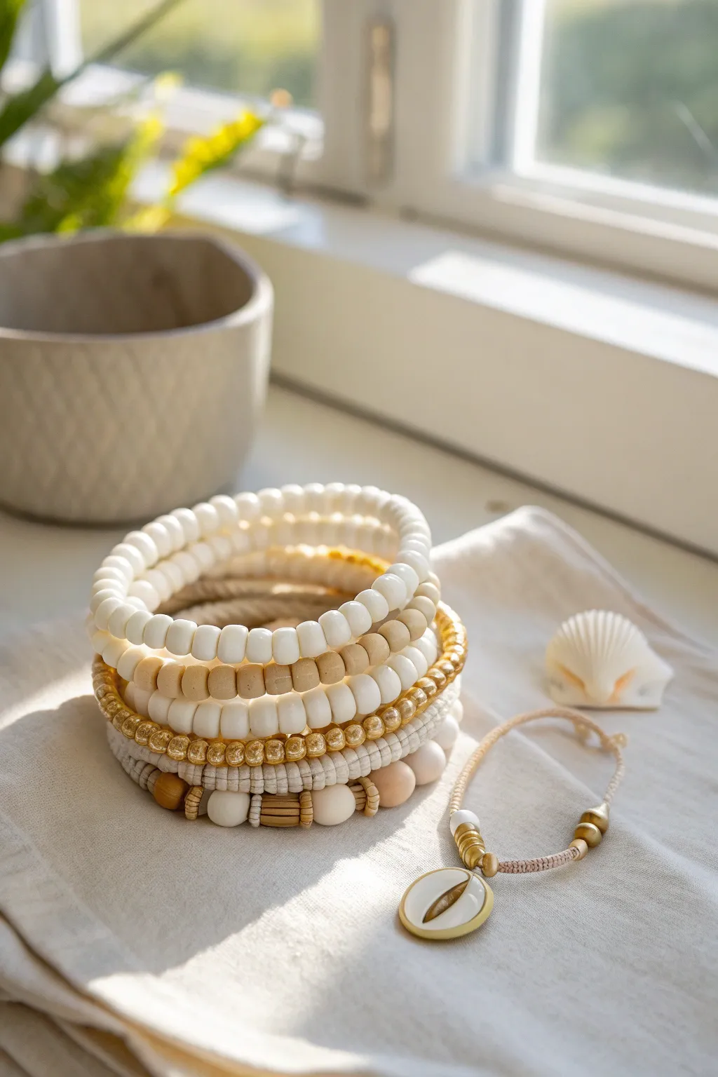 Coastal preppy heishi bracelet stack with a shell charm and soft sunlit beach tones