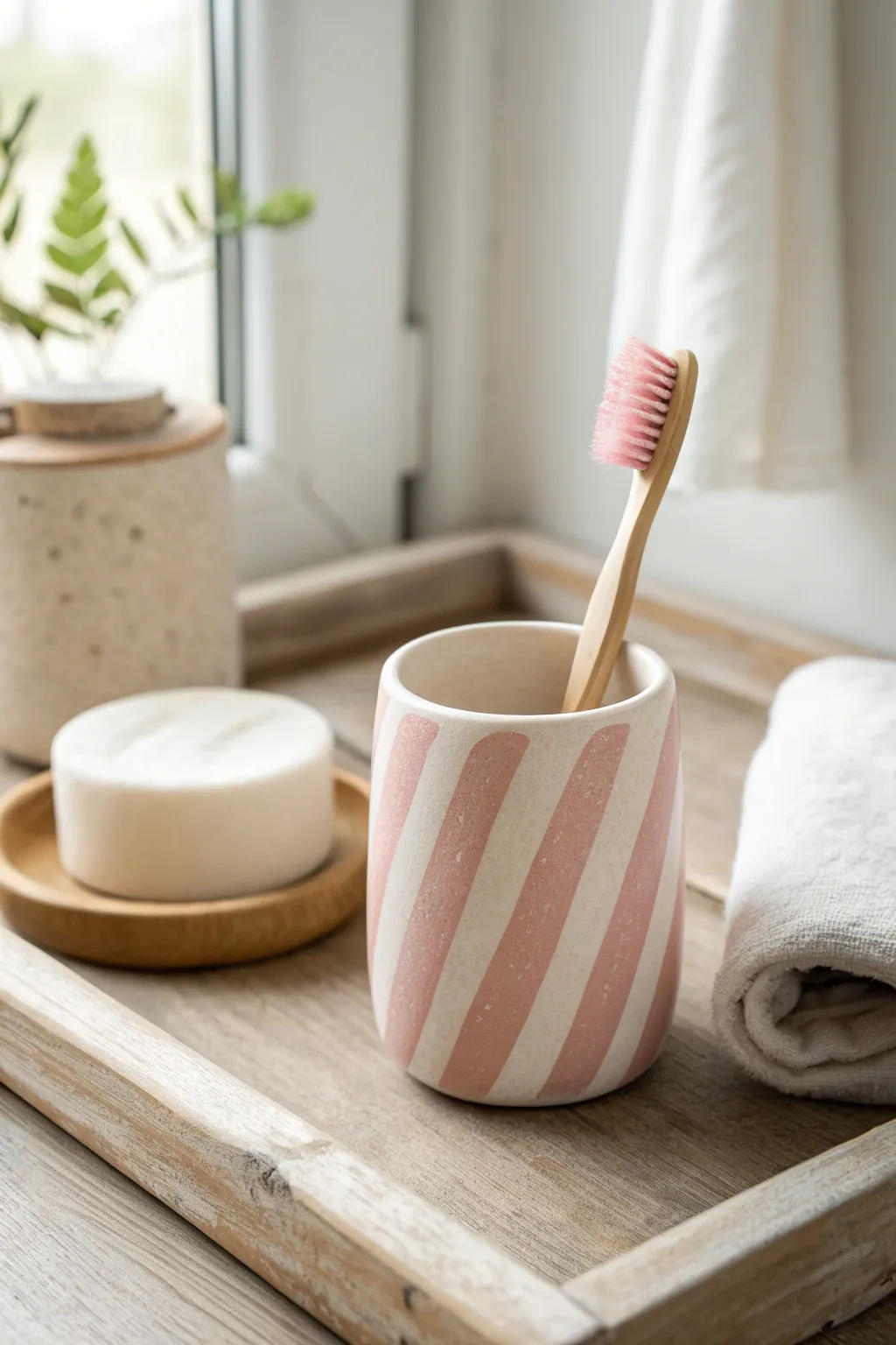 Candy-stripe air dry clay toothbrush holder in pink and white, styled for a calm minimalist bathroom.
