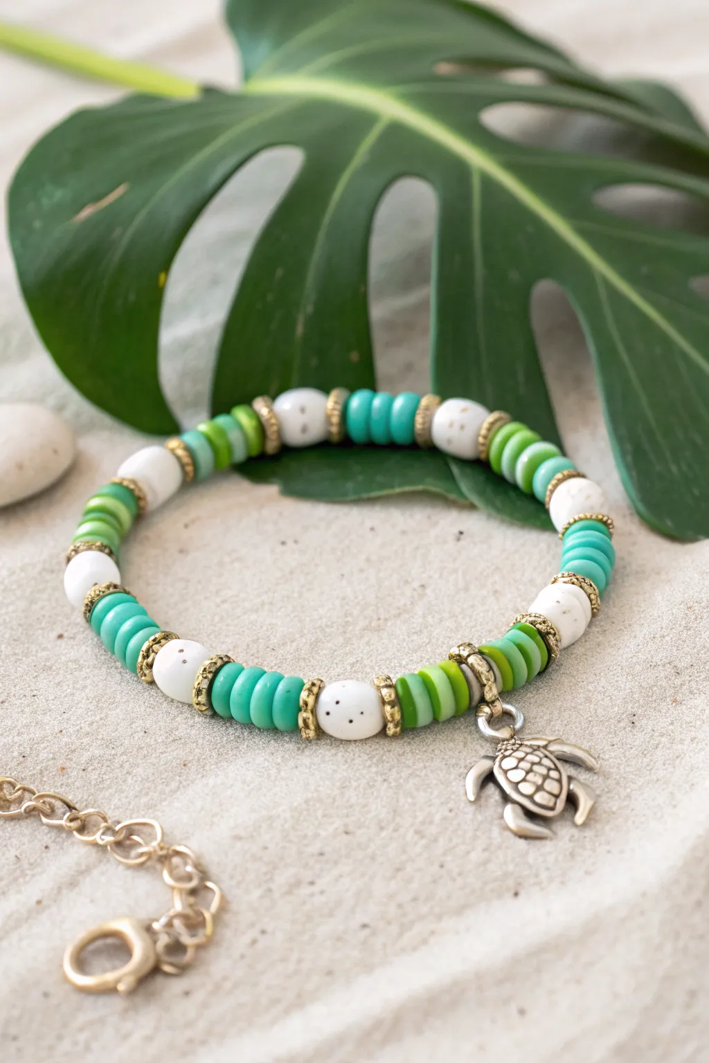 Sea turtle charm bracelet in tropical greens, a preppy beach pop for sunny days ahead.