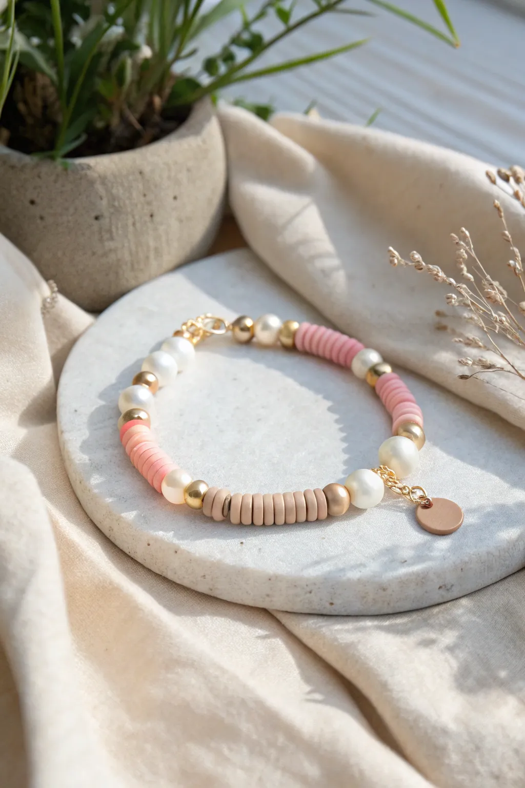 Matte clay heishi with petite pearls for a polished preppy bracelet in soft neutral tones.