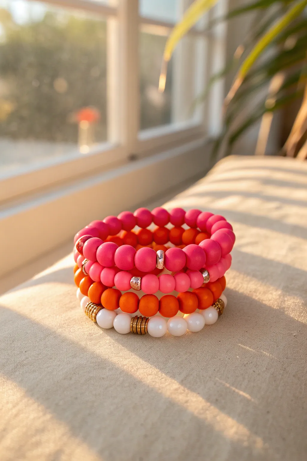 Hot pink, coral, and orange clay bead stack glowing in golden light like a summer sunset