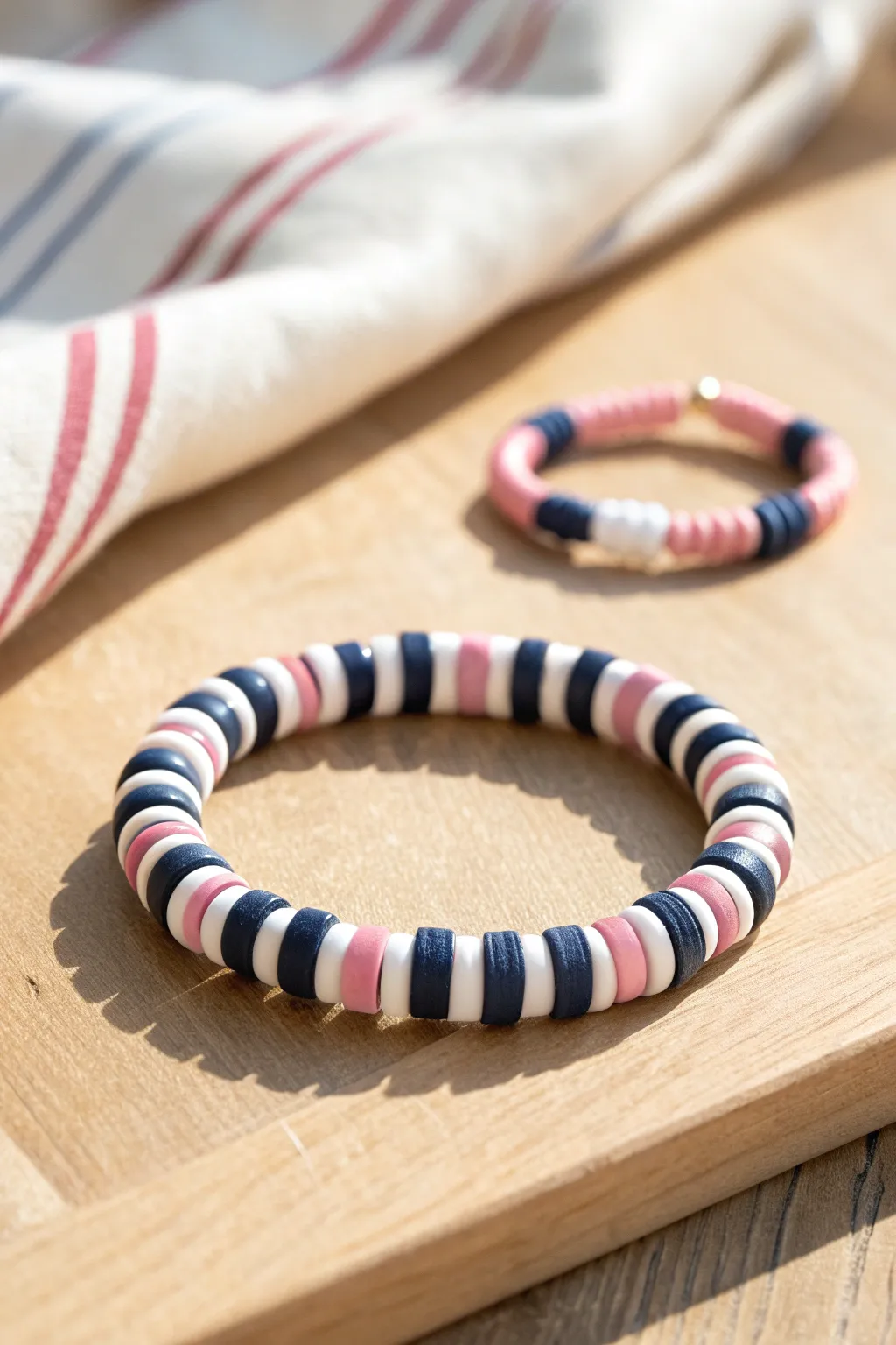 Varsity stripes in clay heishi beads for an easy preppy stack with bold, clean bands.