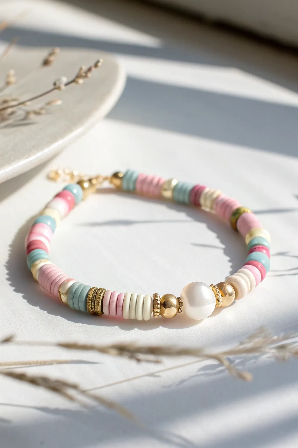 Preppy texture made simple: pastel heishi clay discs with pearls and tiny gold spacers.