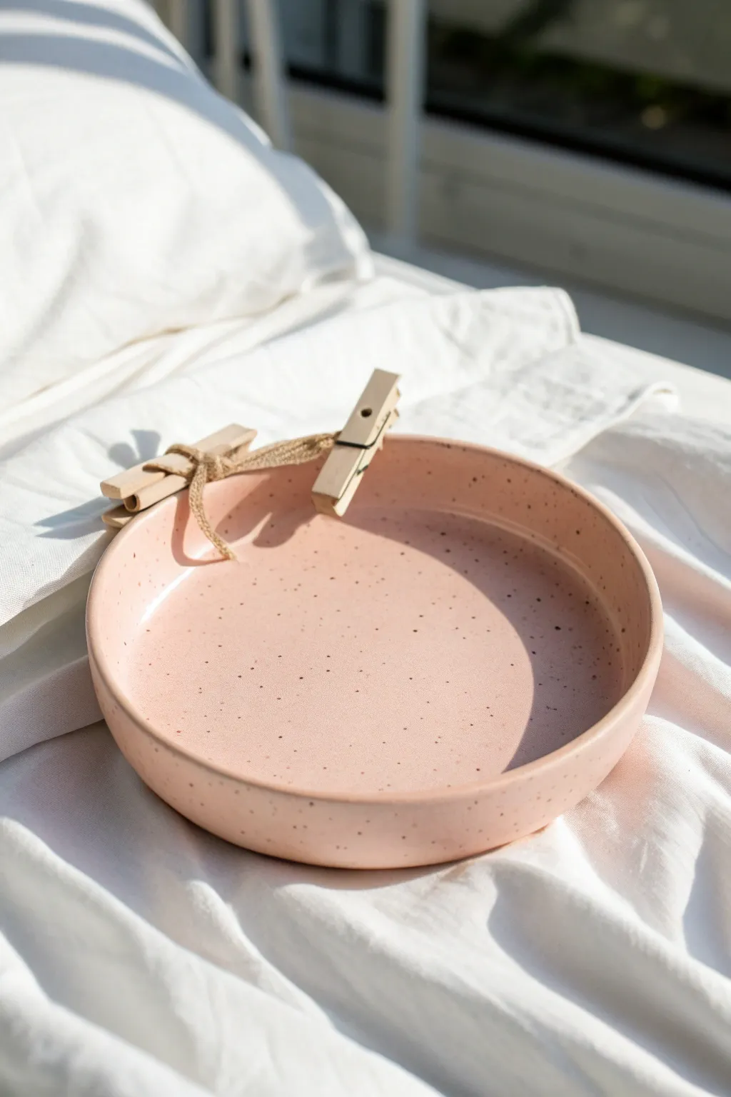 Pale pink bow tray keeps your claw clips tidy with a sweet preppy touch on crisp white bedding.