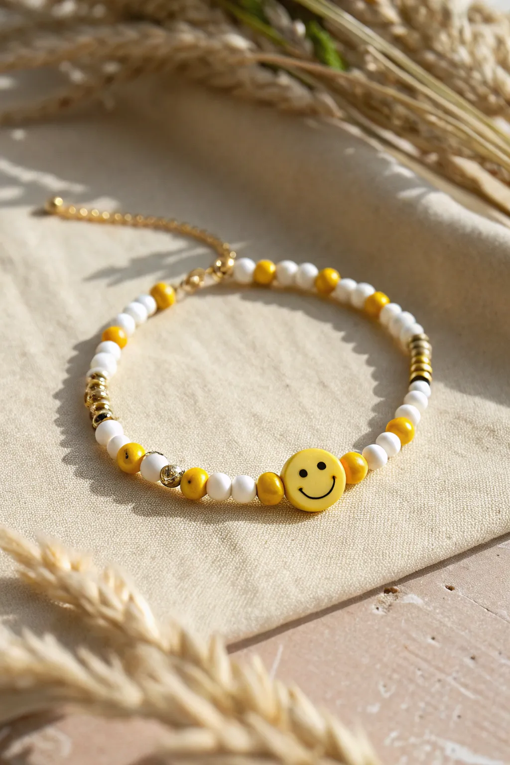 Preppy smiley centerpiece bracelet with white and sunny yellow heishi beads and gold accents