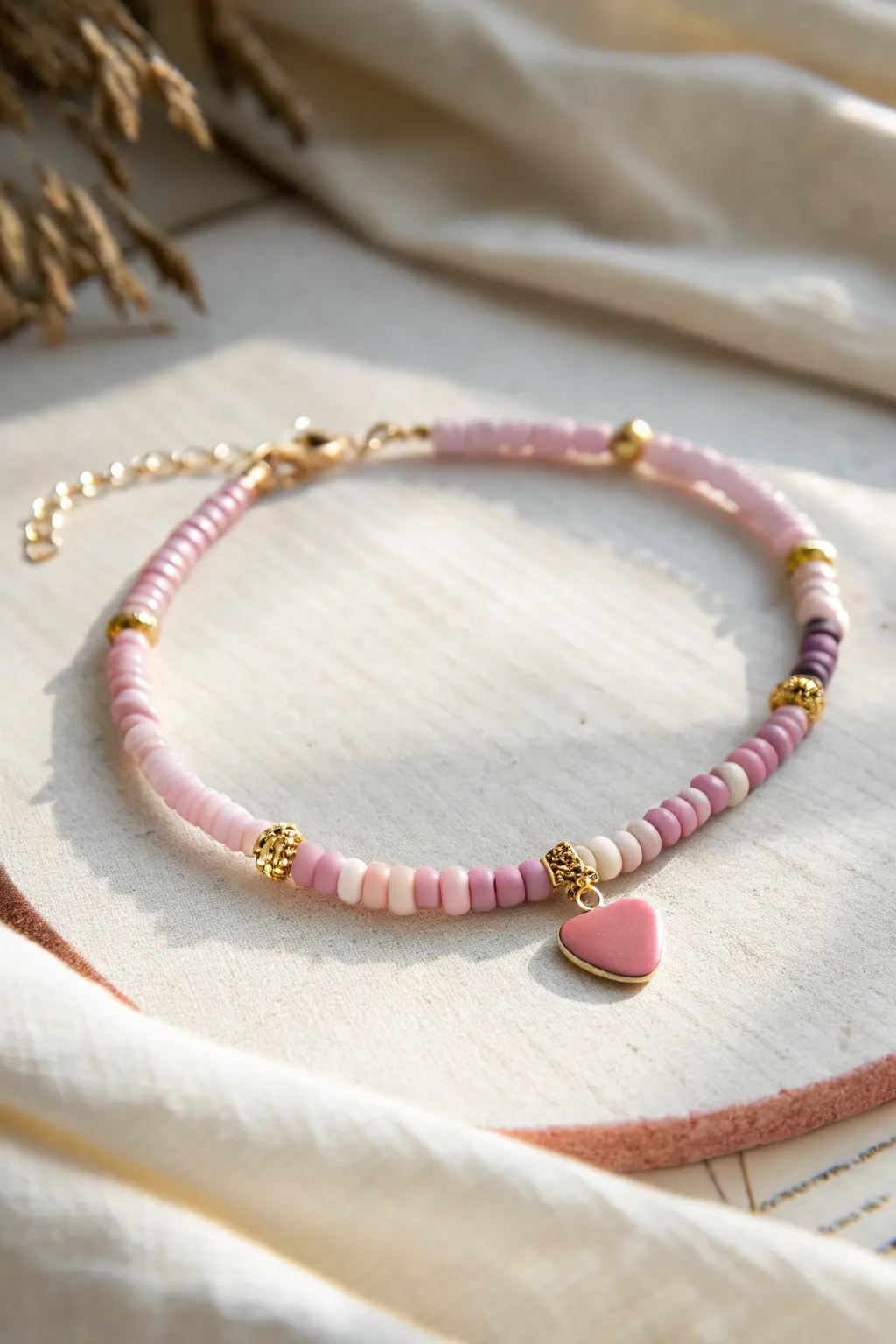Preppy heart centerpiece bracelet with mirrored pink-to-lilac clay beads and gold spacers