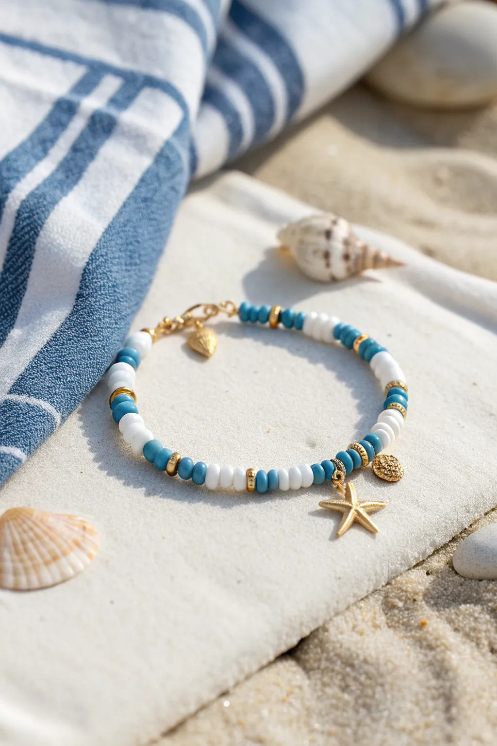 Ocean-blue and white clay bead bracelet with tiny nautical charms for a preppy summer vibe