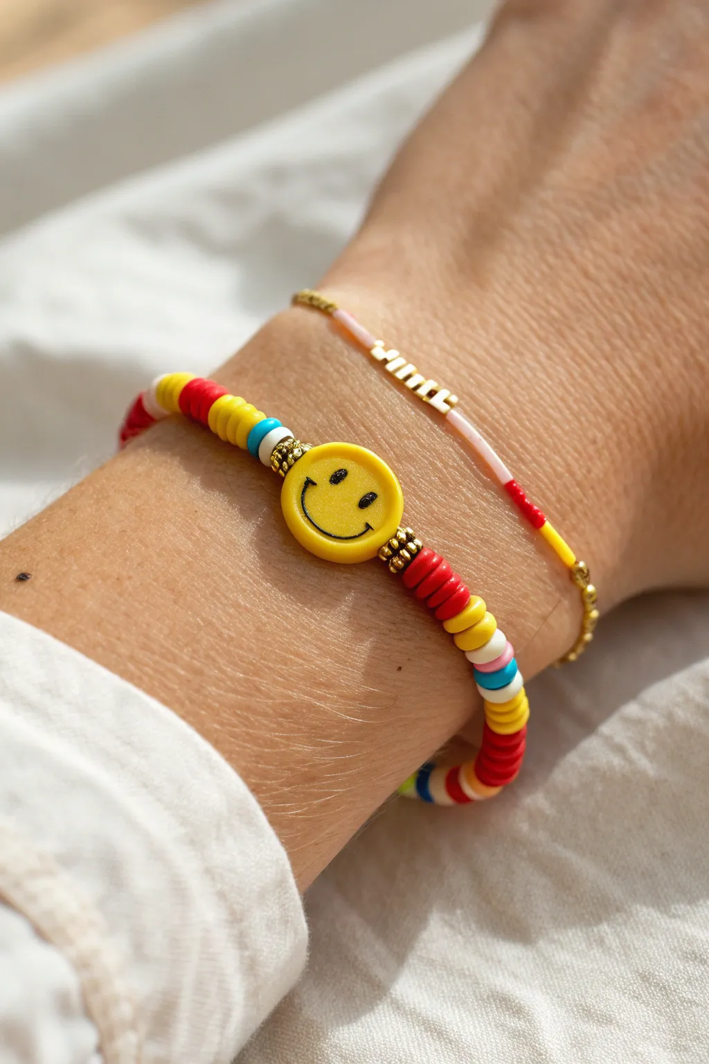 Bright heishi beads and gold spacers spotlight a single smiley center bead for preppy charm.