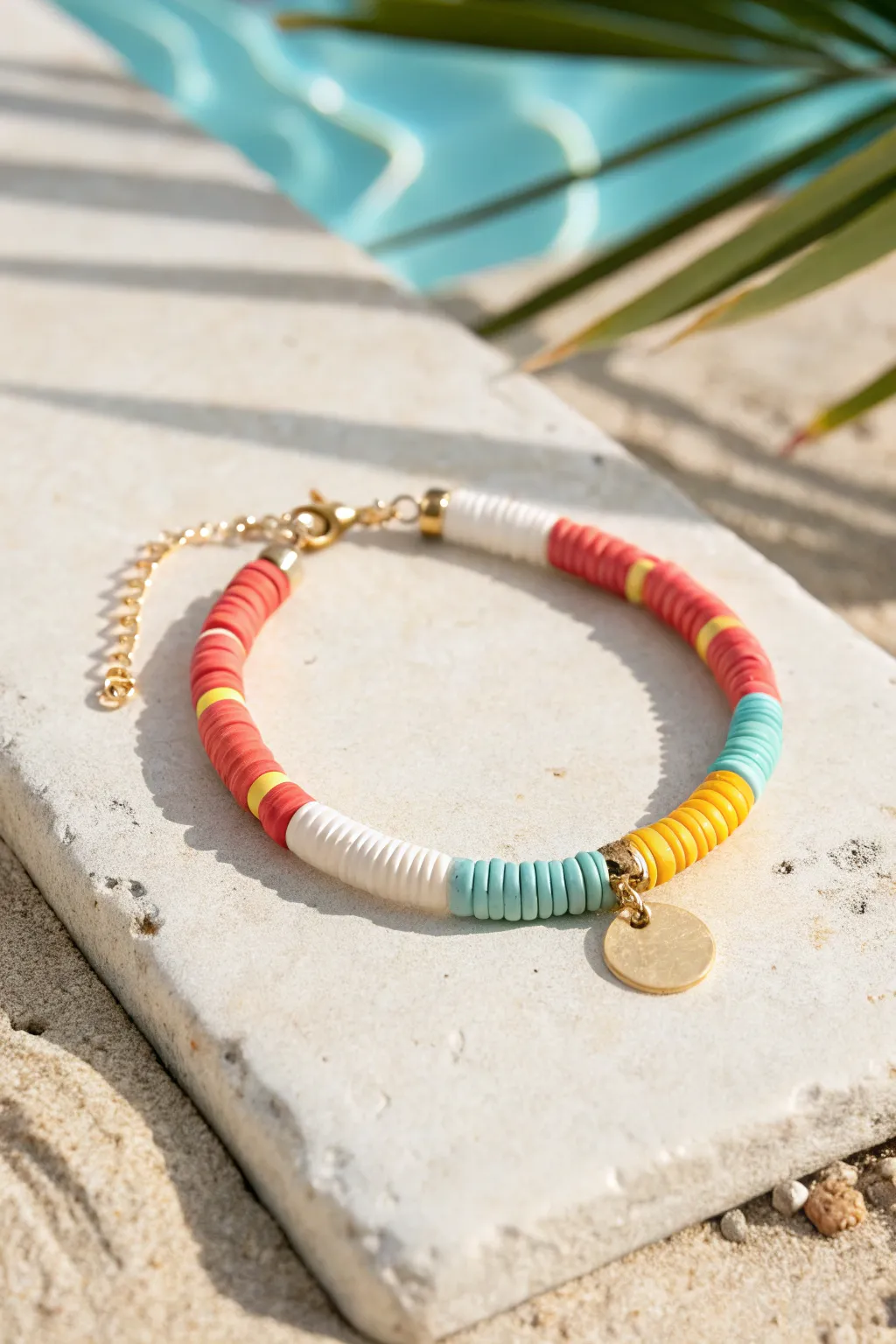 Resort-ready color-block heishi clay bands in coral, aqua, white, and sunshine yellow.