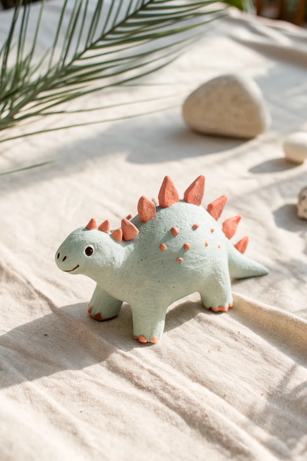 Tiny puffy clay dino nuggie with sweet spikes, minimalist boho styling and cozy pastel color.