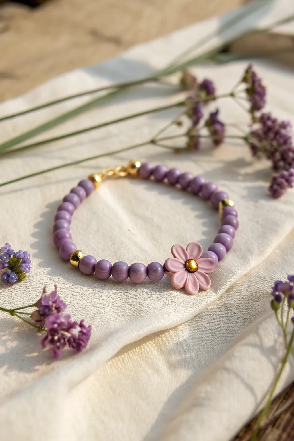 Lilac disc bead bracelet with a tiny purple flower focal bead and simple gold spacers.