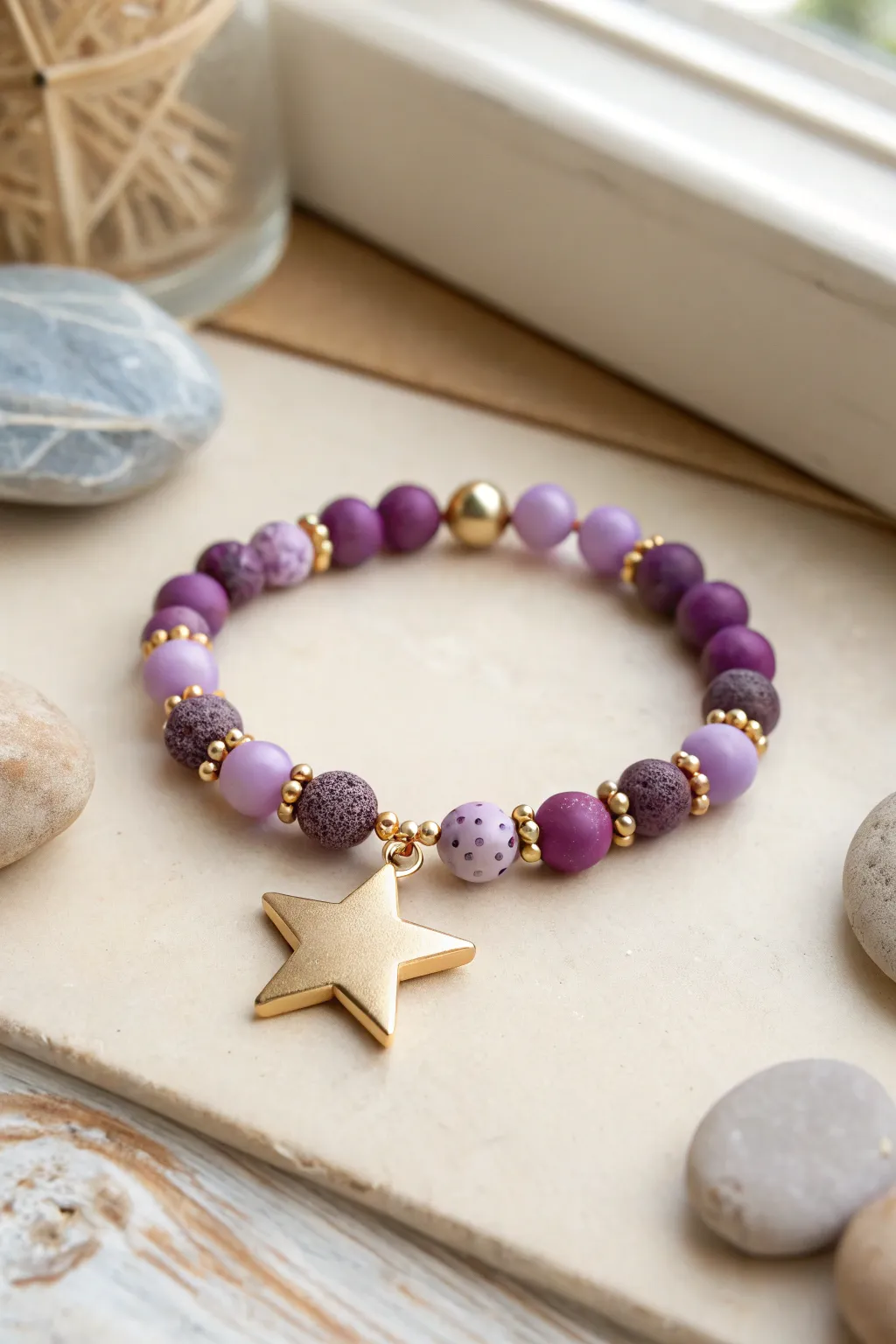 Purple star centerpiece bracelet with clay beads and gold spacers, clean minimalist boho flat lay.