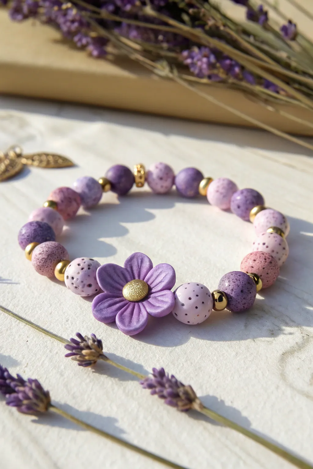 Purple flower focal bead bracelet with lavender and lilac discs in soft, minimalist styling