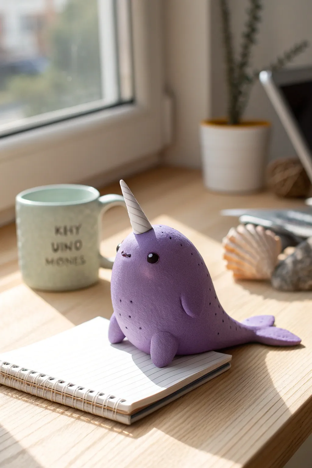 A sweet purple clay narwhal desk buddy with a white horn, styled in cozy minimalist tones.