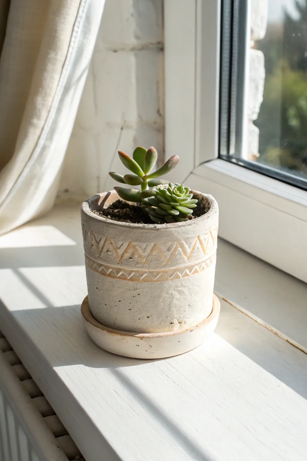 Minimal air-dry clay succulent pot cover with soft texture, sunlit Scandinavian boho vibes.