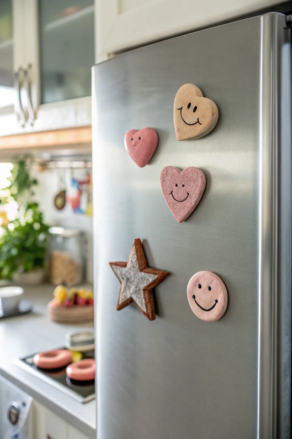 Cute clay magnet characters in soft boho colors to brighten your minimalist kitchen.