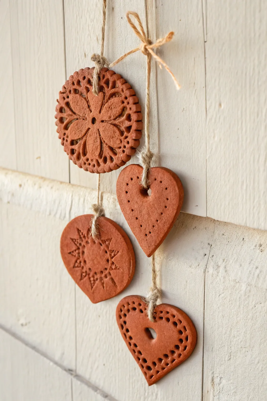 Minimal red clay hanging ornaments with lace texture, softly lit against a pale wall