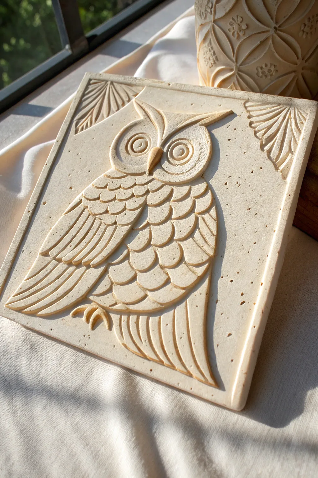 Matte owl relief tile with simple carved feathers, lit from the side for crisp, cozy shadows.