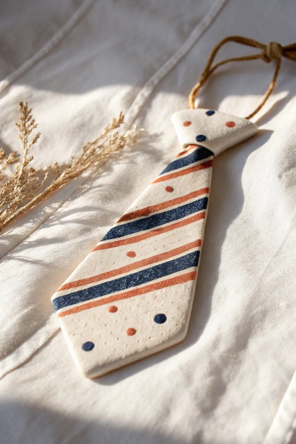 Minimal salt dough tie ornament with soft painted pattern and linen ribbon, a sweet Father’s Day keepsake