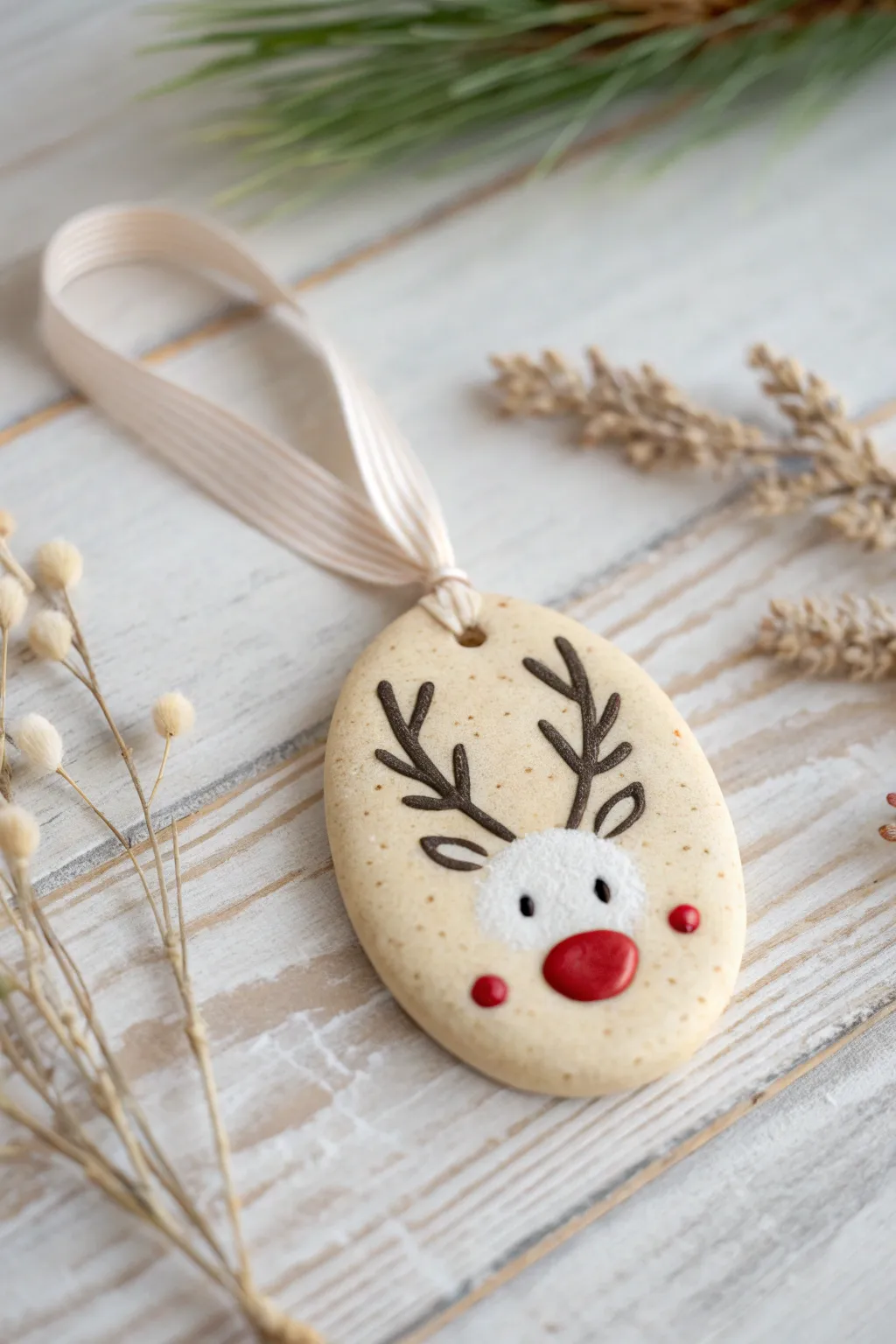 Minimal salt dough reindeer ornament with a thumbprint red nose and simple painted antlers