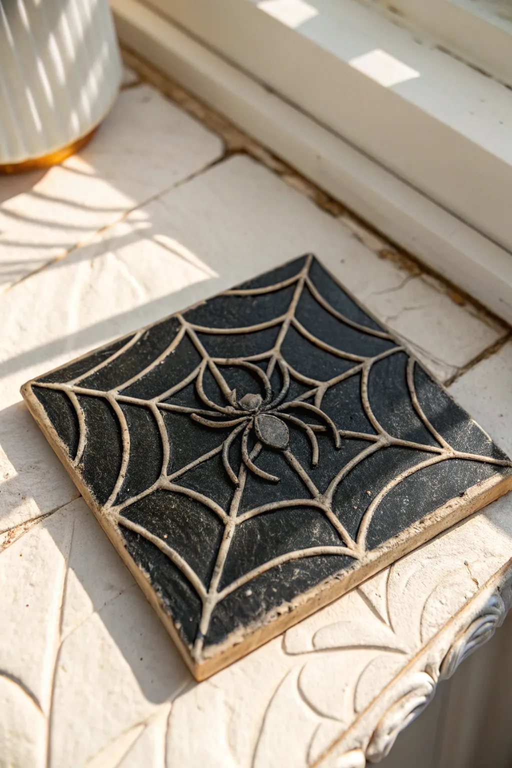 Matte black spider web tile with subtle gray highlights, minimal and spooky for a chic wall.