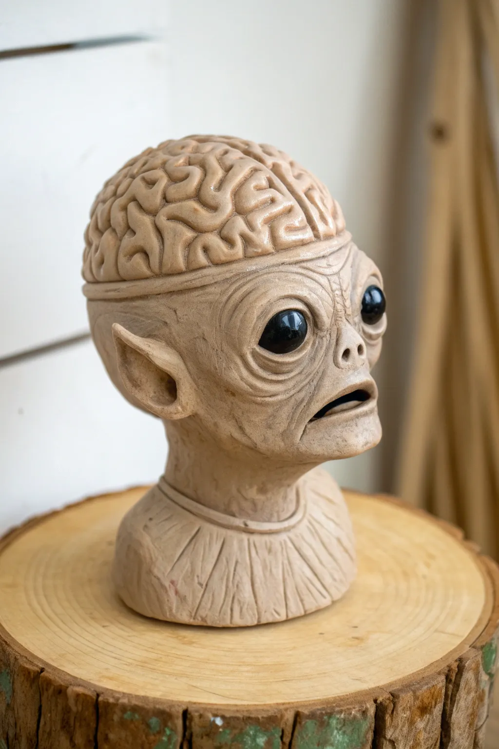 Minimalist clay monster head with brain cap texture, spooky yet stylish for your next project