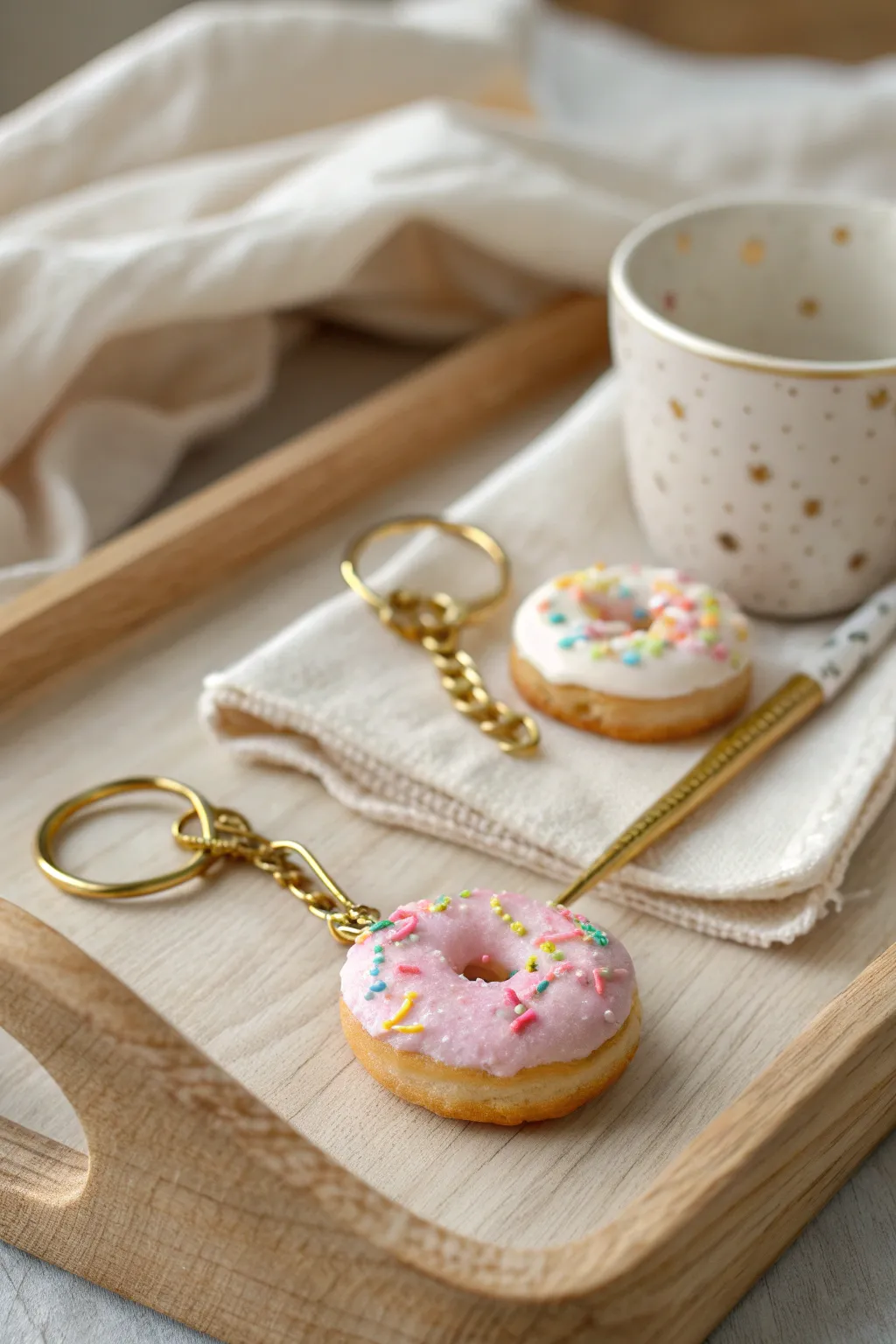 Mini polymer clay food keychains: donut, cookie, and boba for instant cute Sculpey inspiration