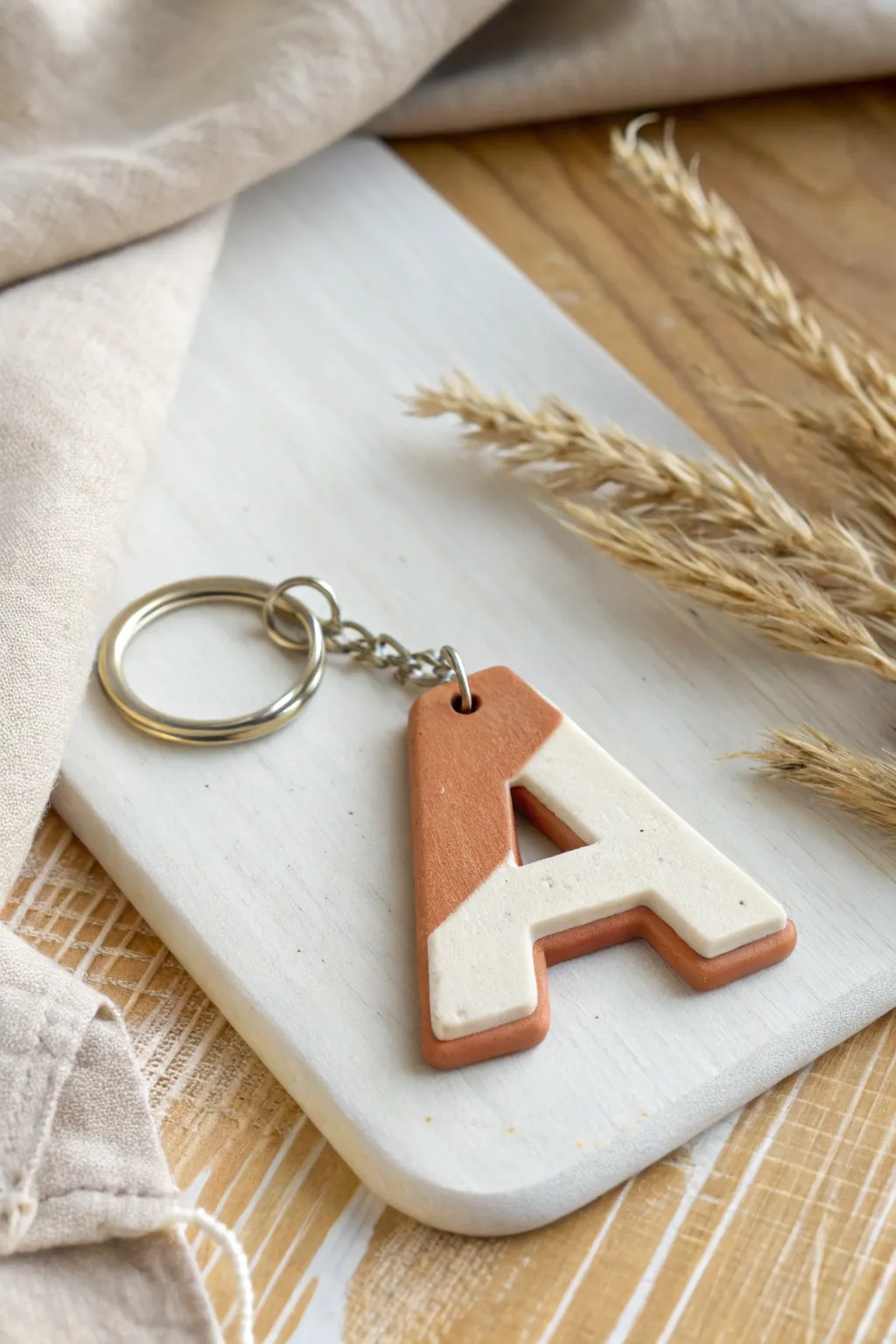 Beginner-friendly Sculpey initial keychain tag with clean edges and modern color-block style.