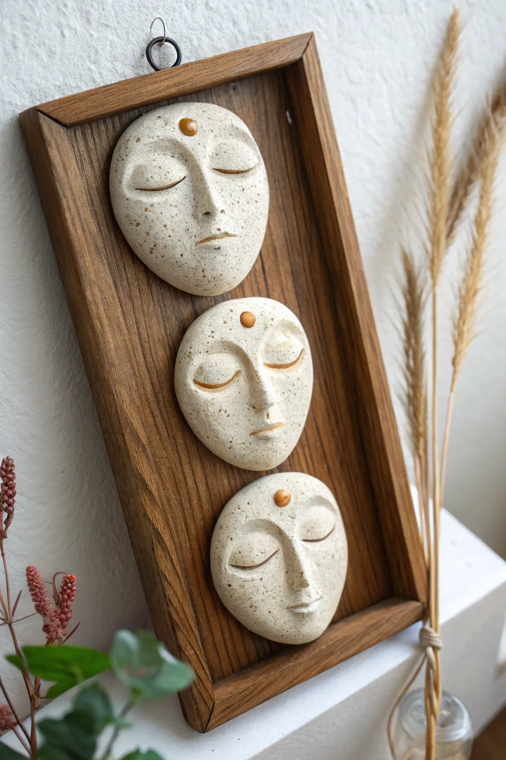 Three expressive mini clay masks for the wall, minimalist shapes with a soft boho, handmade charm.
