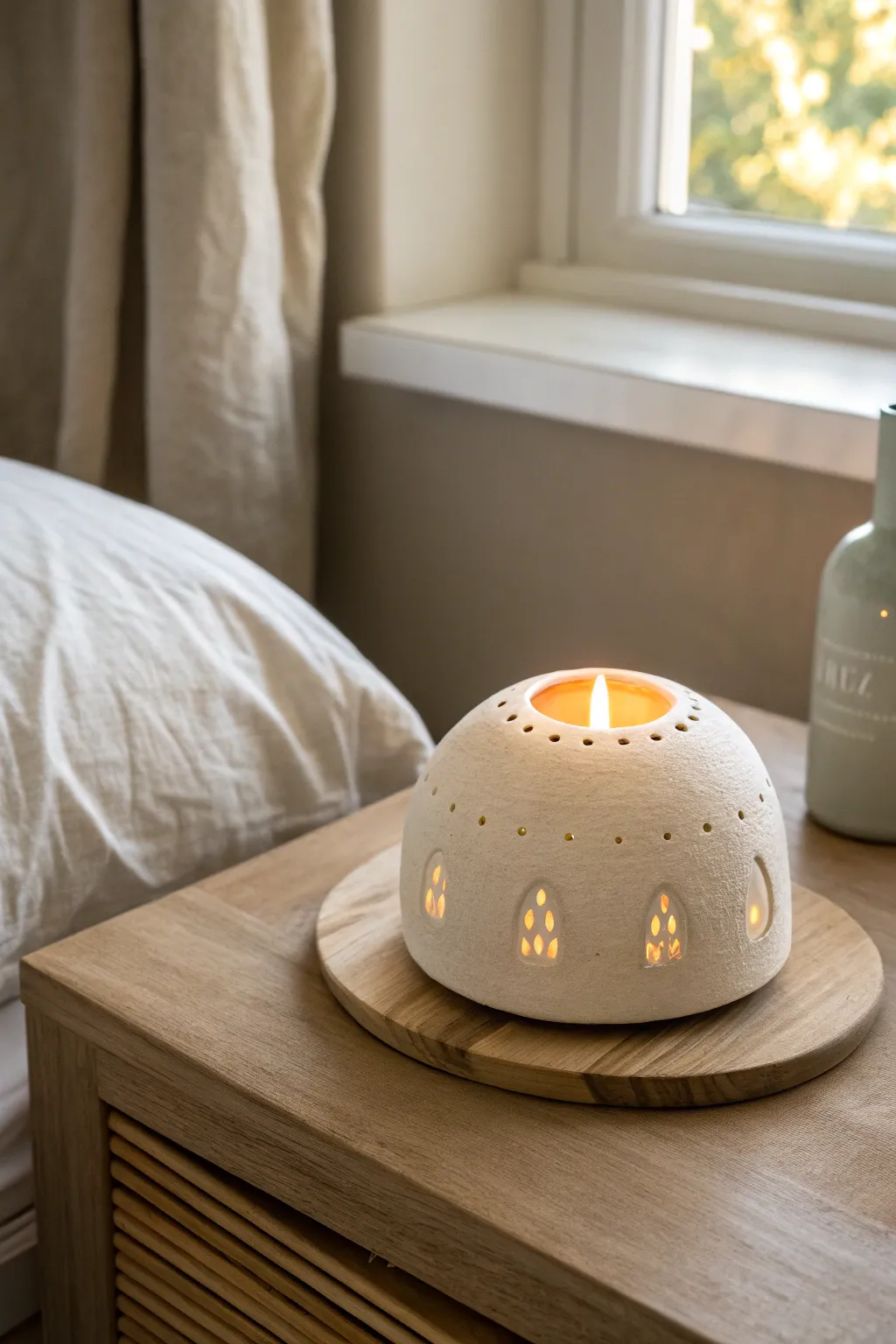 Minimal air-dry clay tealight dome with soft warm glow and delicate cutout light patterns