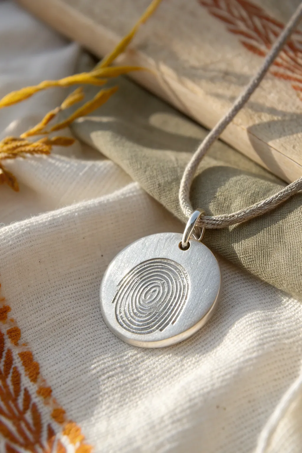 A polished silver clay fingerprint pendant, minimal and meaningful, with the print in crisp focus.