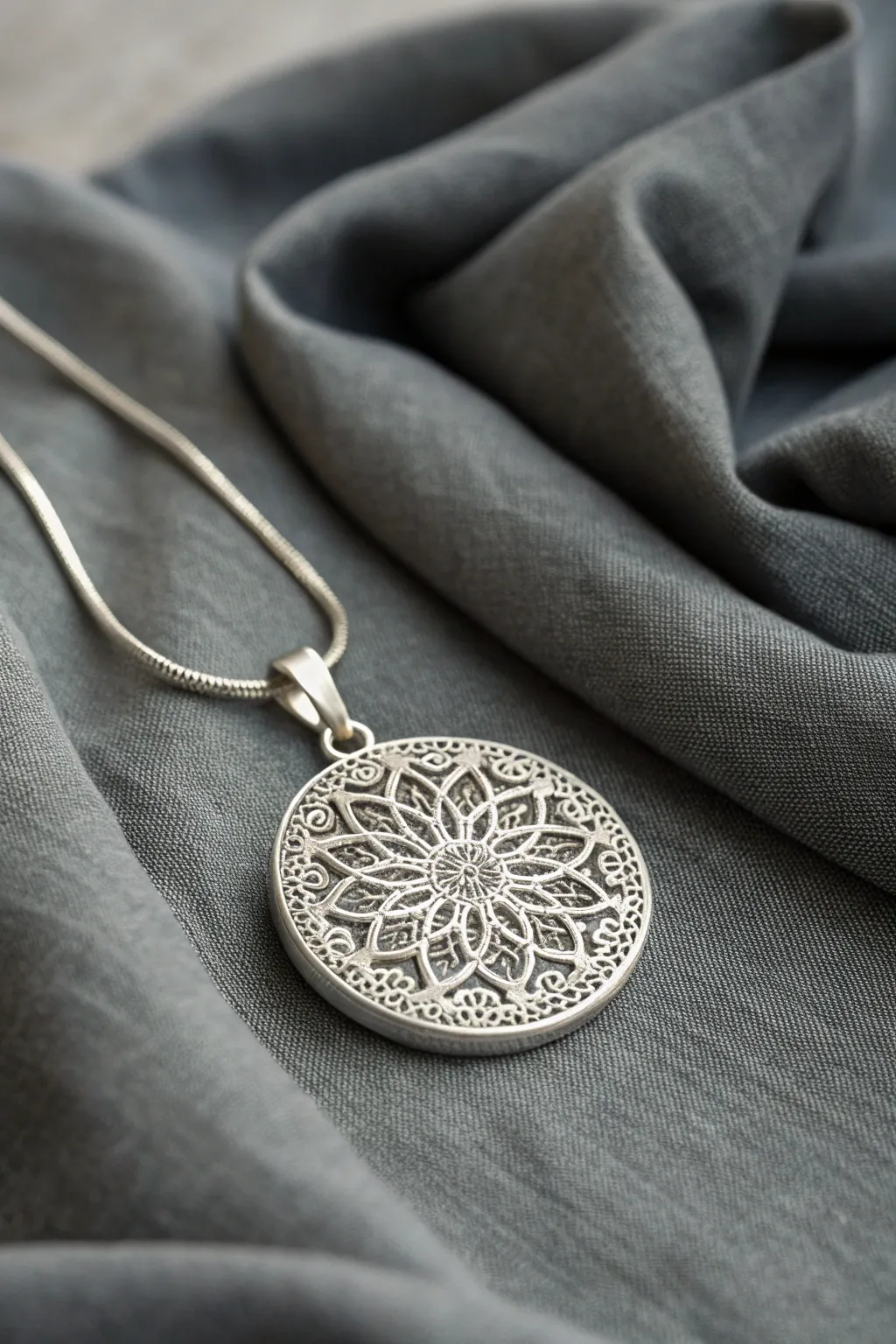 Bold lace-impressed silver clay pendant on dark linen, a minimalist statement with boho warmth.