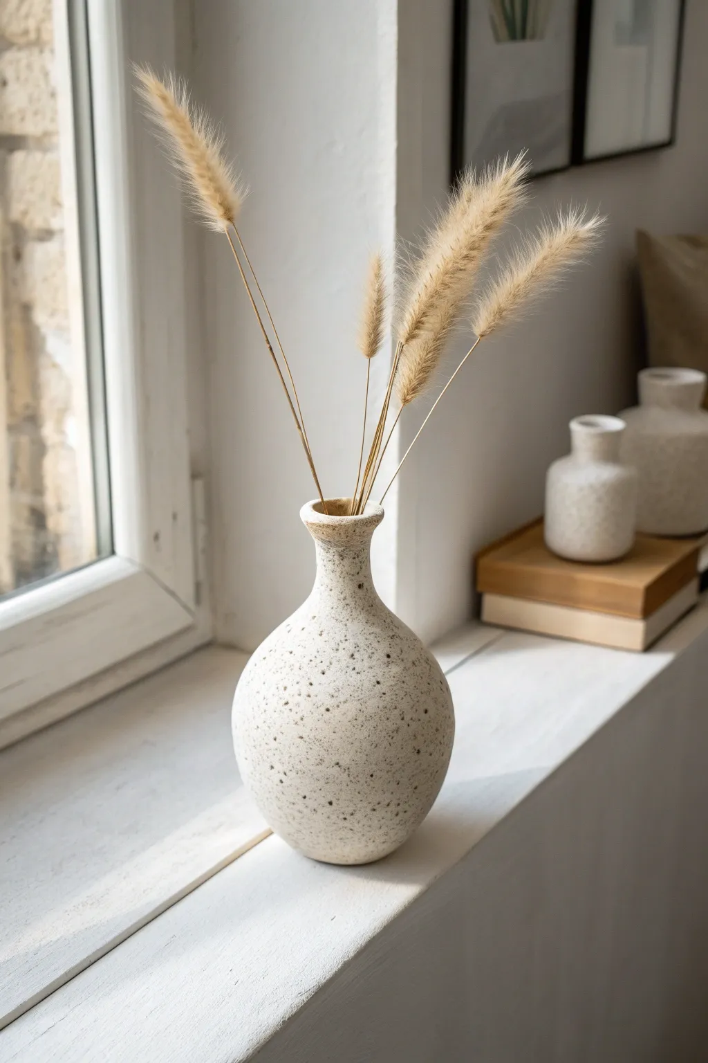 Minimal air dry clay bud vase with dried stems, styled bright and simple for calm decor.