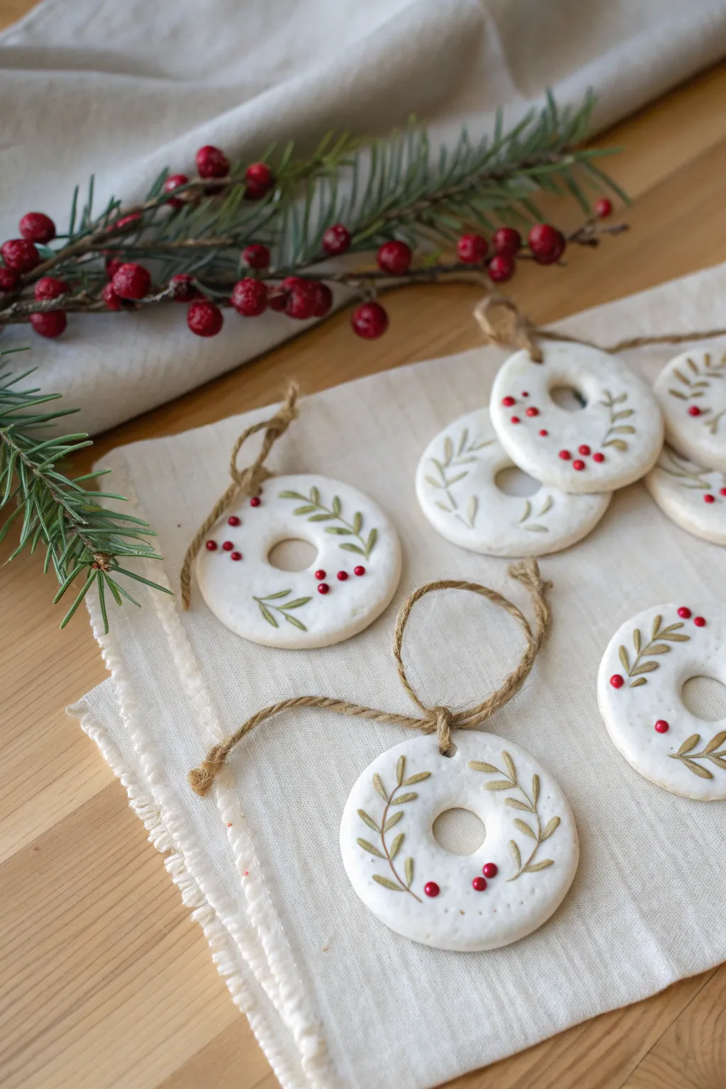 Simple clay wreath ornaments with leaf details and berry dots, styled in warm minimalist tones