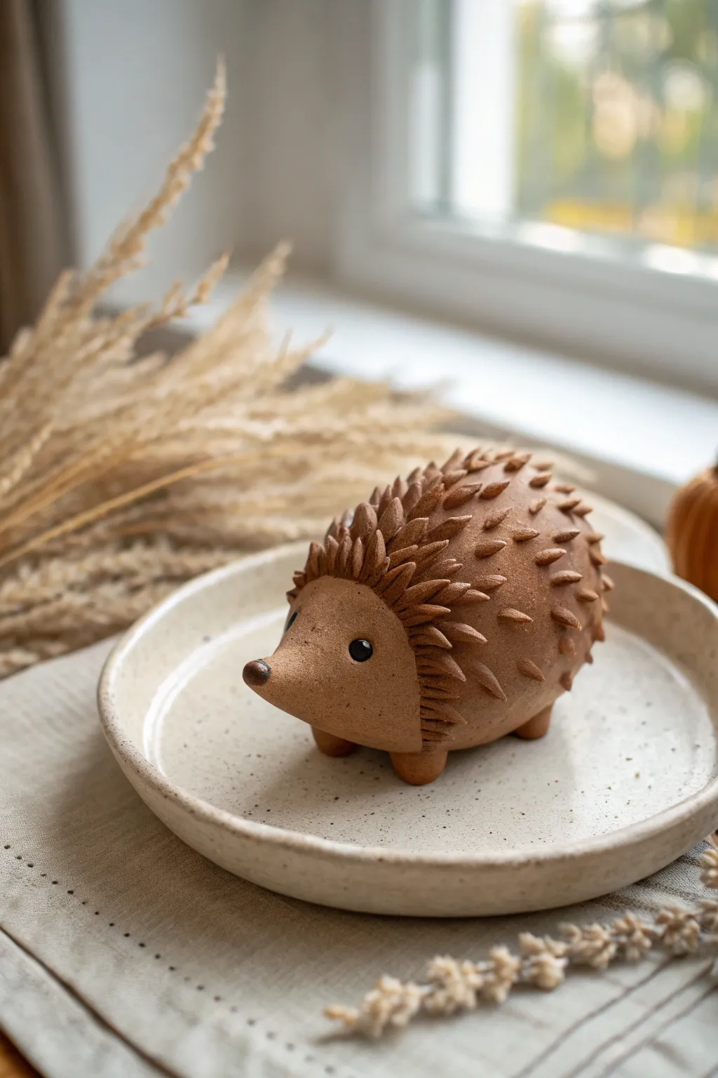 Chubby ball-shaped clay hedgehog with minimalist details, perfect for simple DIY clay art ideas.