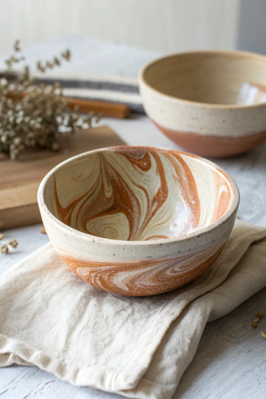Soft marbled color swirl bowls in earthy tones, minimalist styling for simple clay inspo.