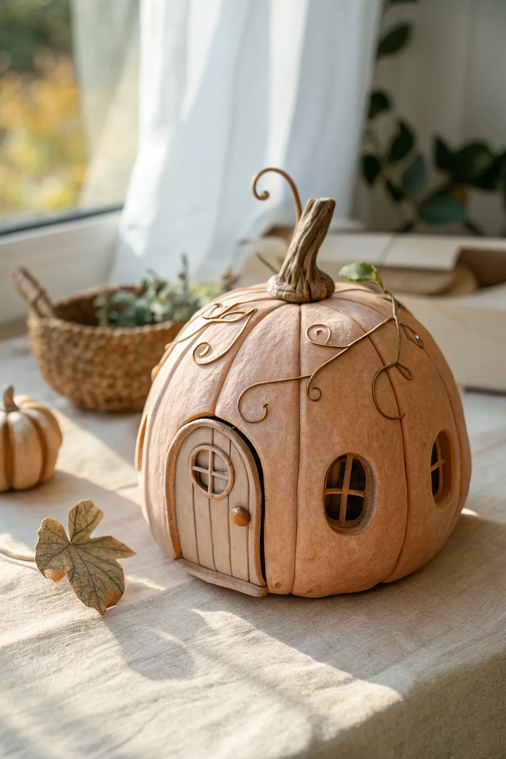 Minimal pumpkin clay fairy house with a tiny door and vine detail, cozy Scandinavian boho charm
