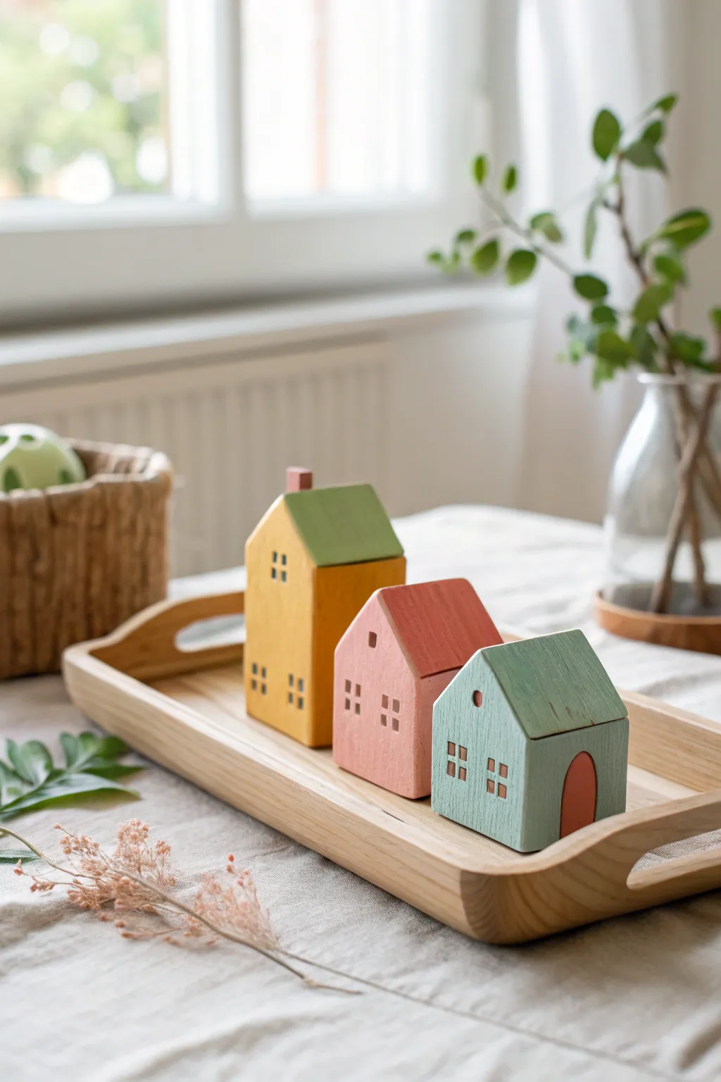 Tiny color block clay houses in a neat little row, minimalist, cheerful, and handmade